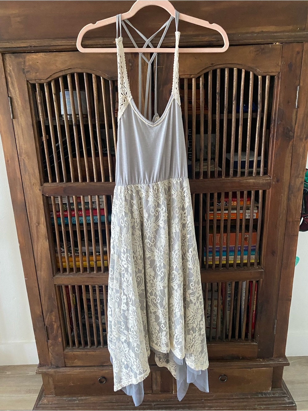 Beautiful Lace Overlay Spaghetti Strap Dress in Light Gray and Cream